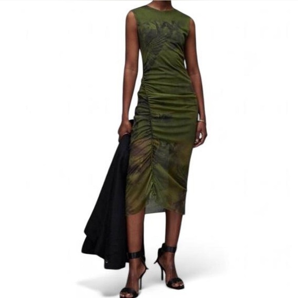 AllSaints Nora Colca Sleeveless Ruched Mesh Midi Dress in olive green - Picture 2 of 8